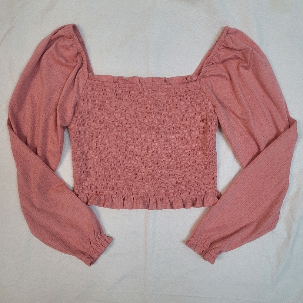 SO Dusty Rose Smocked Blouse Sz Med Square Neck Ruffles Cropped Cottagecore